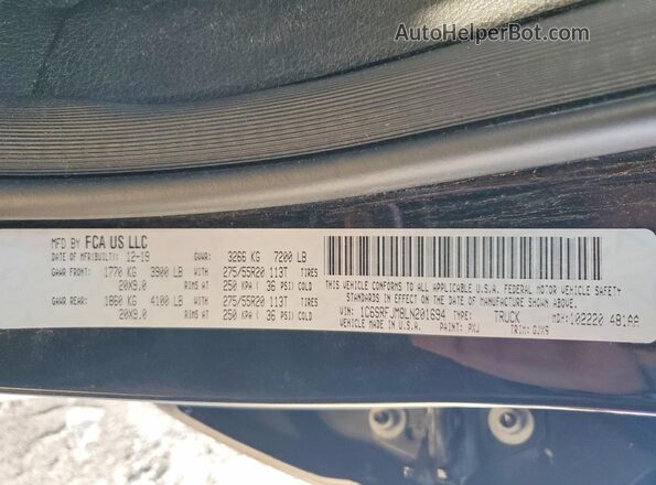1C6SRFJM8LN201694 2020 RAM 1500 Black Widok naklejki z numerem VIN