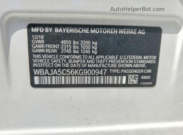 WBAJA5C56KG900947 2019 BMW OTHER Белый Вид наклейки с VIN-кодом