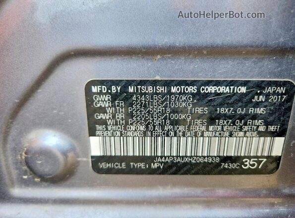 JA4AP3AUXHZ064938 2017 MITSUBISHI OUTLANDER Серебряный 