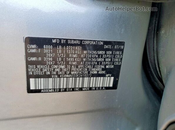 4S4WMAED3K3410272 2019 SUBARU ASCENT Серебряный Панорамный вид салона 360°