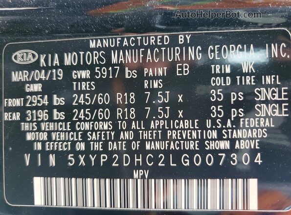 5XYP2DHC2LG007304 2020 KIA TELLURIDE Черный Панорамный вид салона 360°
