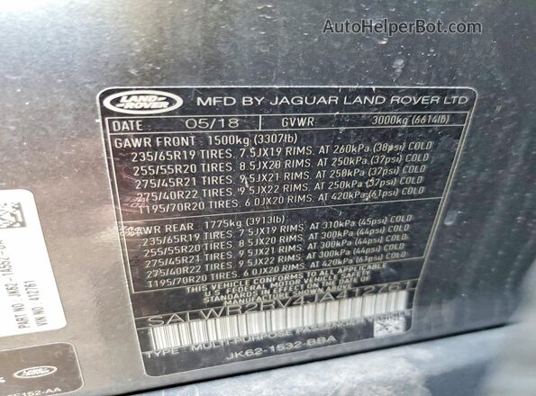 SALWR2RV4JA412761 2018 LAND ROVER RANGE Серый Вид наклейки с VIN-кодом