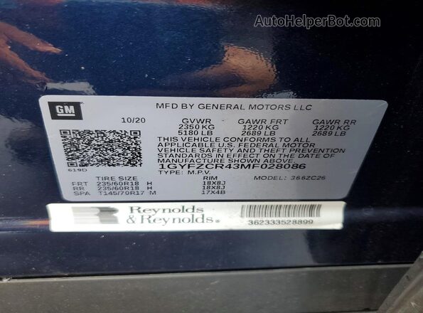 1GYFZCR43MF028086 2021 CADILLAC XT4 Синий Панорамный вид салона 360°