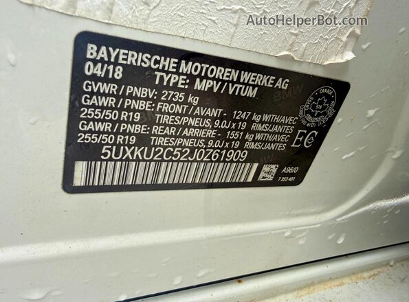 5UXKU2C52J0Z61909 2018 BMW X6 Белый Вид наклейки с VIN-кодом