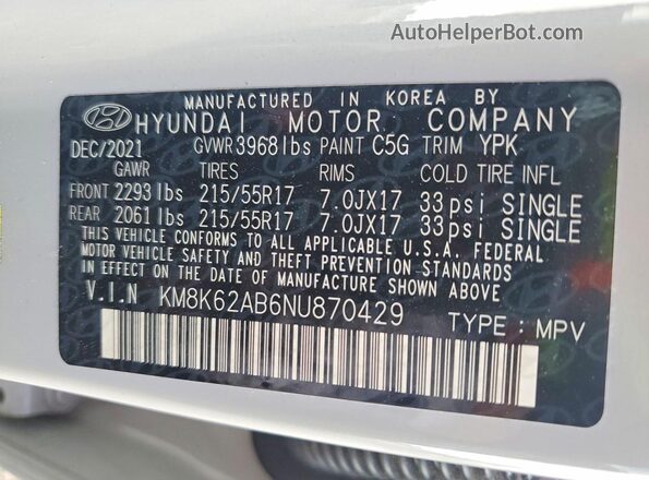 KM8K62AB6NU870429 2022 HYUNDAI KONA Серебряный Вид наклейки с VIN-кодом