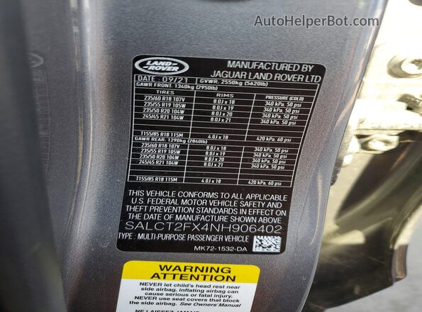 SALCT2FX4NH906402 2022 LAND ROVER DISCOVERY Серый Панорамный вид салона 360°