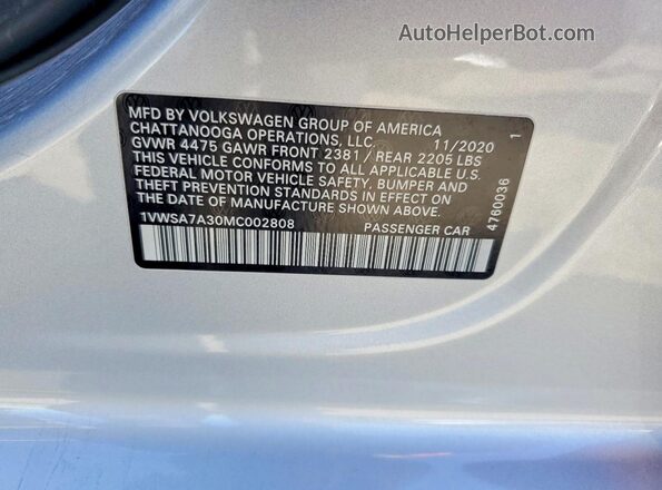 1VWSA7A30MC002808 2021 VOLKSWAGEN PASSAT Серебряный Панорамный вид салона 360°