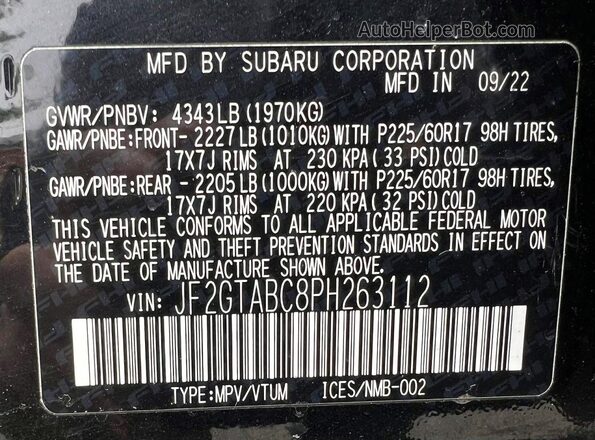 JF2GTABC8PH263112 2023 SUBARU CROSSTREK Черный Вид задних сидений