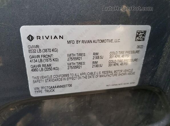 7FCTGAAA4NN007706 2022 RIVIAN RIT Серый Вид наклейки с VIN-кодом