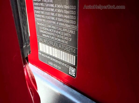 SALWS2RU0LA708214 2020 LAND ROVER RANGE Красный Вид задней части салона