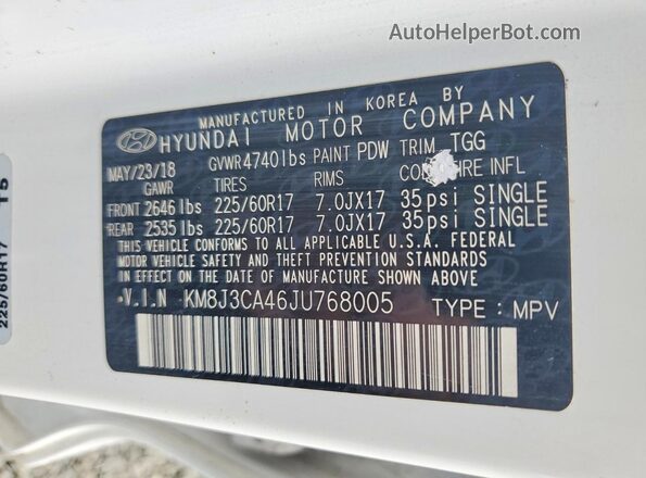 KM8J3CA46JU768005 2018 HYUNDAI TUCSON Белый Панорамный вид салона 360°