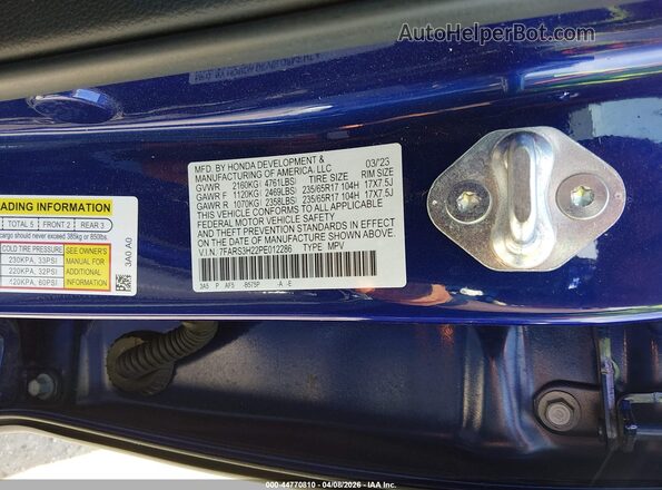 7FARS3H22PE012286 2023 HONDA CR-V Blue Vista del compartimento del motor
