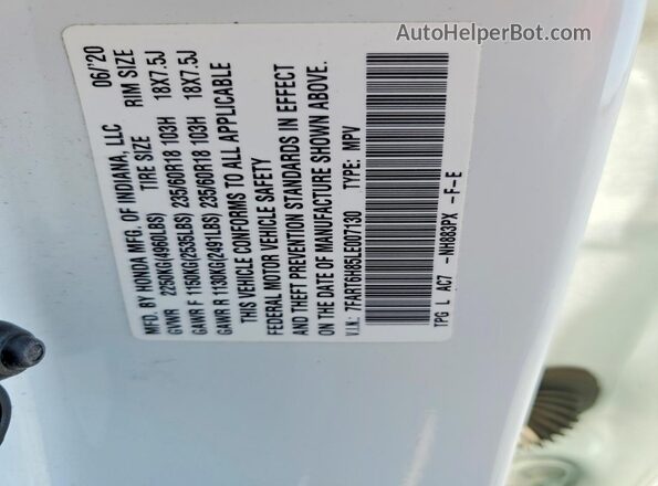 7FART6H85LE007130 2020 HONDA CR-V White Панорамний вид салону 360°