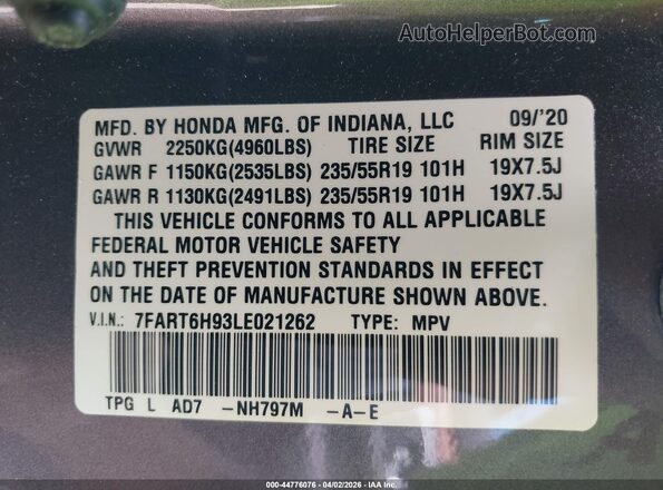 7FART6H93LE021262 2020 HONDA CR-V HYBRID Gray Вид підкапотного простору