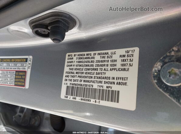 7FARW2H58JE001079 2018 HONDA CR-V Серебряный Вид подкапотного пространства
