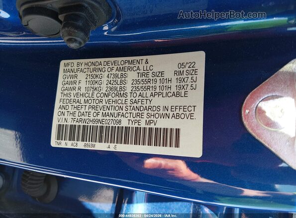 7FARW2H99NE027098 2022 HONDA CR-V Синий Вид подкапотного пространства