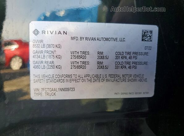 7FCTGAAL1NN009723 2022 RIVIAN R1T Black Շարժիչի բաժամունքի տեսք