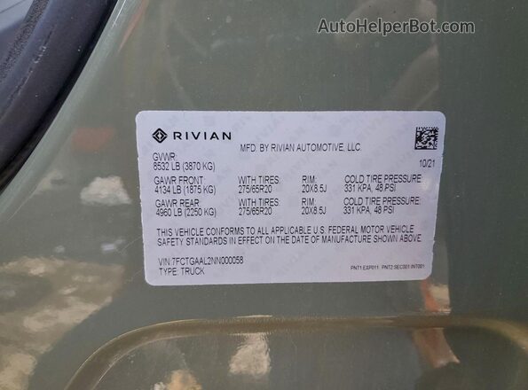 7FCTGAAL2NN000058 2022 RIVIAN R1T Green Вид підкапотного простору