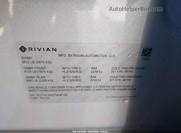7FCTGCAAXTN045126 2026 RIVIAN R1T Silver Vista del compartimento del motor