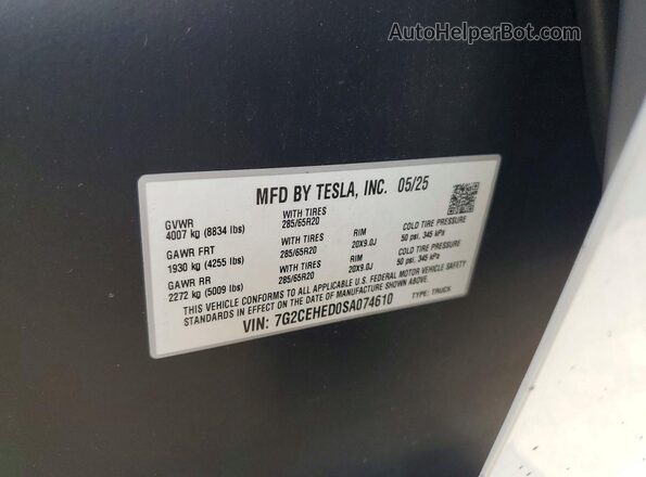 7G2CEHED0SA074610 2025 TESLA CYBERTRUCK Белый Панорамный вид салона 360°