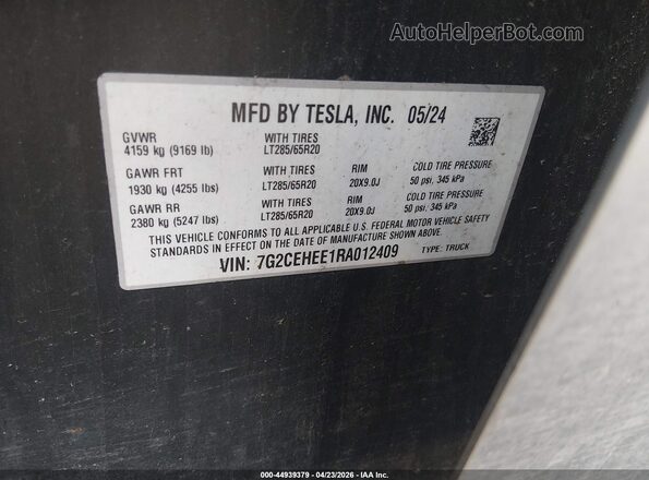 7G2CEHEE1RA012409 2024 TESLA CYBERTRUCK Gray Вид підкапотного простору