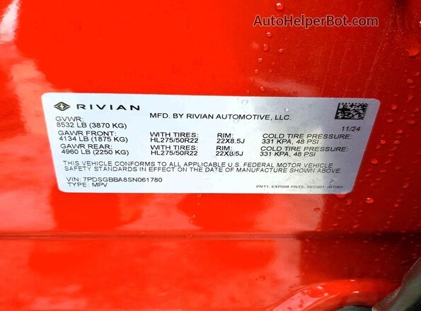 7PDSGBBA8SN061780 2025 RIVIAN R1S Красный Вид наклейки с VIN-кодом