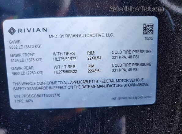 7PDSGCBA7TN083776 2026 RIVIAN R1S Black Widok naklejki z numerem VIN