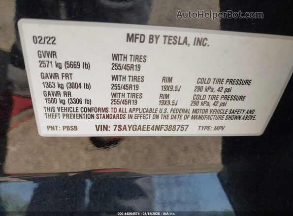 7SAYGAEE4NF388757 2022 TESLA MODEL Y Black Вид підкапотного простору