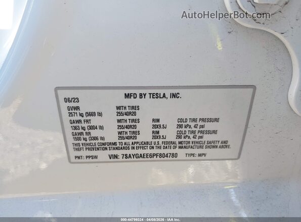 7SAYGAEE6PF804780 2023 TESLA MODEL Y White Widok komory silnika