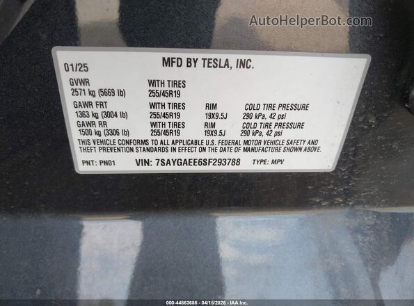 7SAYGAEE6SF293788 2025 TESLA MODEL Y Gray Вид підкапотного простору