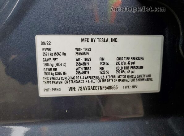 7SAYGAEE7NF548565 2022 TESLA MODEL Gray VIN კოდის სტიკერის ხედი