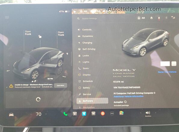 7SAYGAEE7NF548565 2022 TESLA MODEL Gray ხელსაწყოთა პანელის ხედი