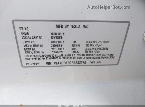 7SAYGDED2RA332070 2024 TESLA MODEL Y White Вид підкапотного простору