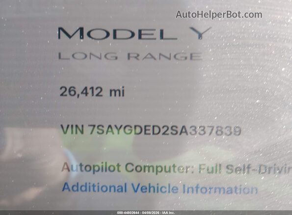 7SAYGDED2SA337839 2025 TESLA MODEL Y White 