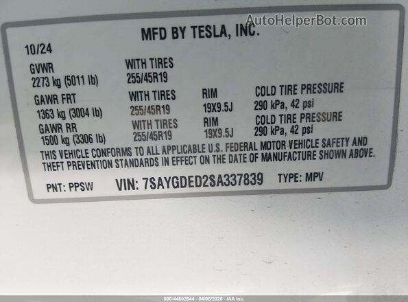 7SAYGDED2SA337839 2025 TESLA MODEL Y White Vista del compartimento del motor