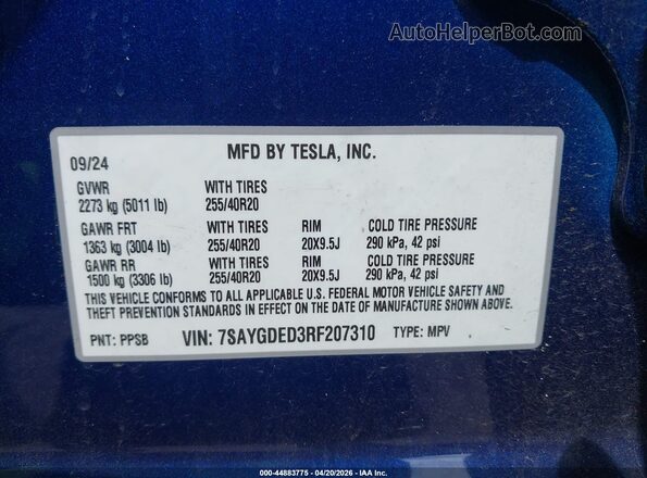 7SAYGDED3RF207310 2024 TESLA MODEL Y Blue Շարժիչի բաժամունքի տեսք