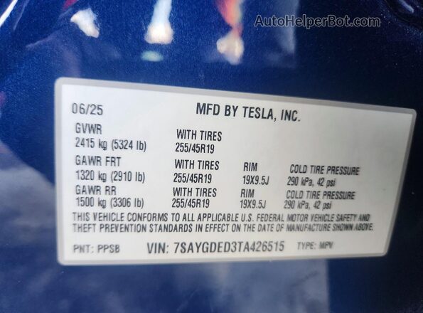 7SAYGDED3TA426515 2026 TESLA MODEL Y Синий Вид наклейки с VIN-кодом