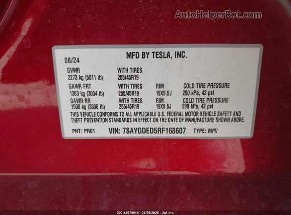 7SAYGDED5RF168607 2024 TESLA MODEL Y Red Вид підкапотного простору