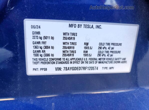 7SAYGDED7RF120574 2024 TESLA MODEL Blue Widok naklejki z numerem VIN