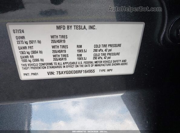 7SAYGDED8RF164955 2024 TESLA MODEL Y Gray Вид підкапотного простору