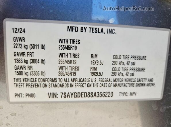 7SAYGDED8SA356220 2025 TESLA MODEL Silver Vista de la etiqueta del VIN