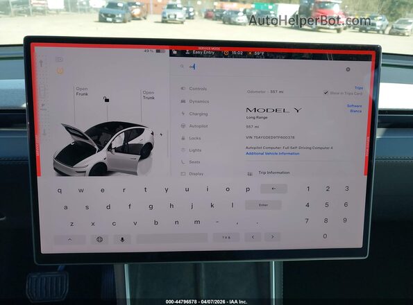 7SAYGDED9TF600378 2026 TESLA MODEL Y White Вид задніх сидінь