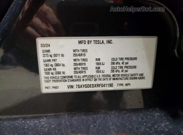 7SAYGDEDXRF041190 2024 TESLA MODEL Gray Vista interior de 360 grados