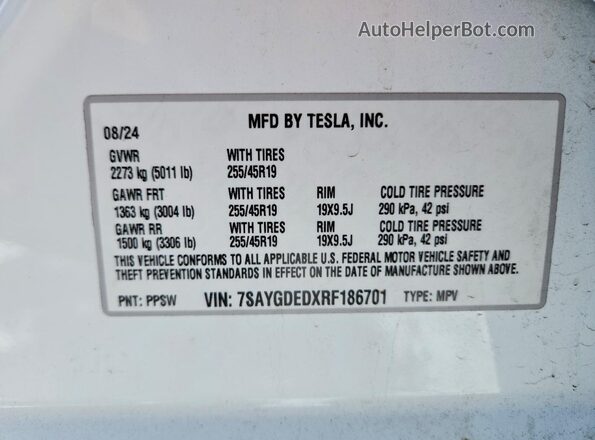 7SAYGDEDXRF186701 2024 TESLA MODEL White Vista de la etiqueta del VIN