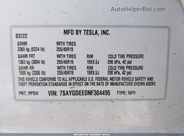 7SAYGDEE0NF384495 2022 TESLA MODEL Y White ძრავის განყოფილების ხედი