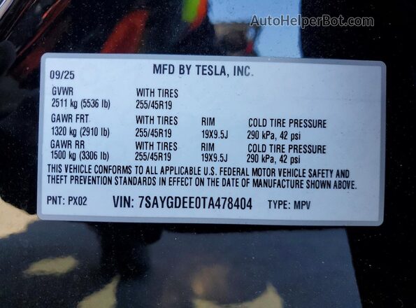 7SAYGDEE0TA478404 2026 TESLA MODEL Черный Вид наклейки с VIN-кодом