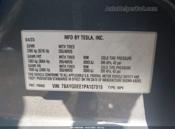 7SAYGDEE1PA107919 2023 TESLA MODEL Y Gray Vista del compartimento del motor