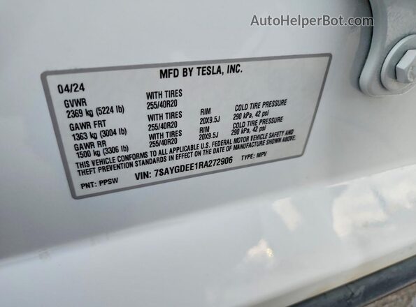 7SAYGDEE1RA272906 2024 TESLA MODEL White Widok naklejki z numerem VIN