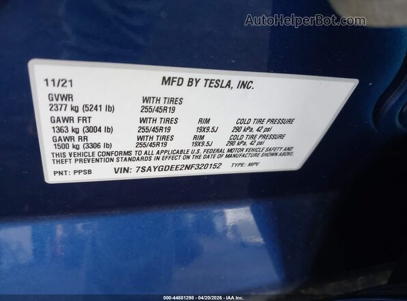 7SAYGDEE2NF320152 2022 TESLA MODEL Y Blue Vista del compartimento del motor