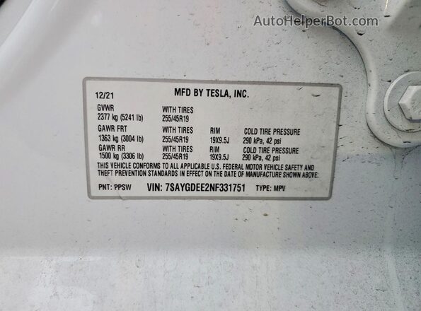 7SAYGDEE2NF331751 2022 TESLA MODEL White Vista de la etiqueta del VIN